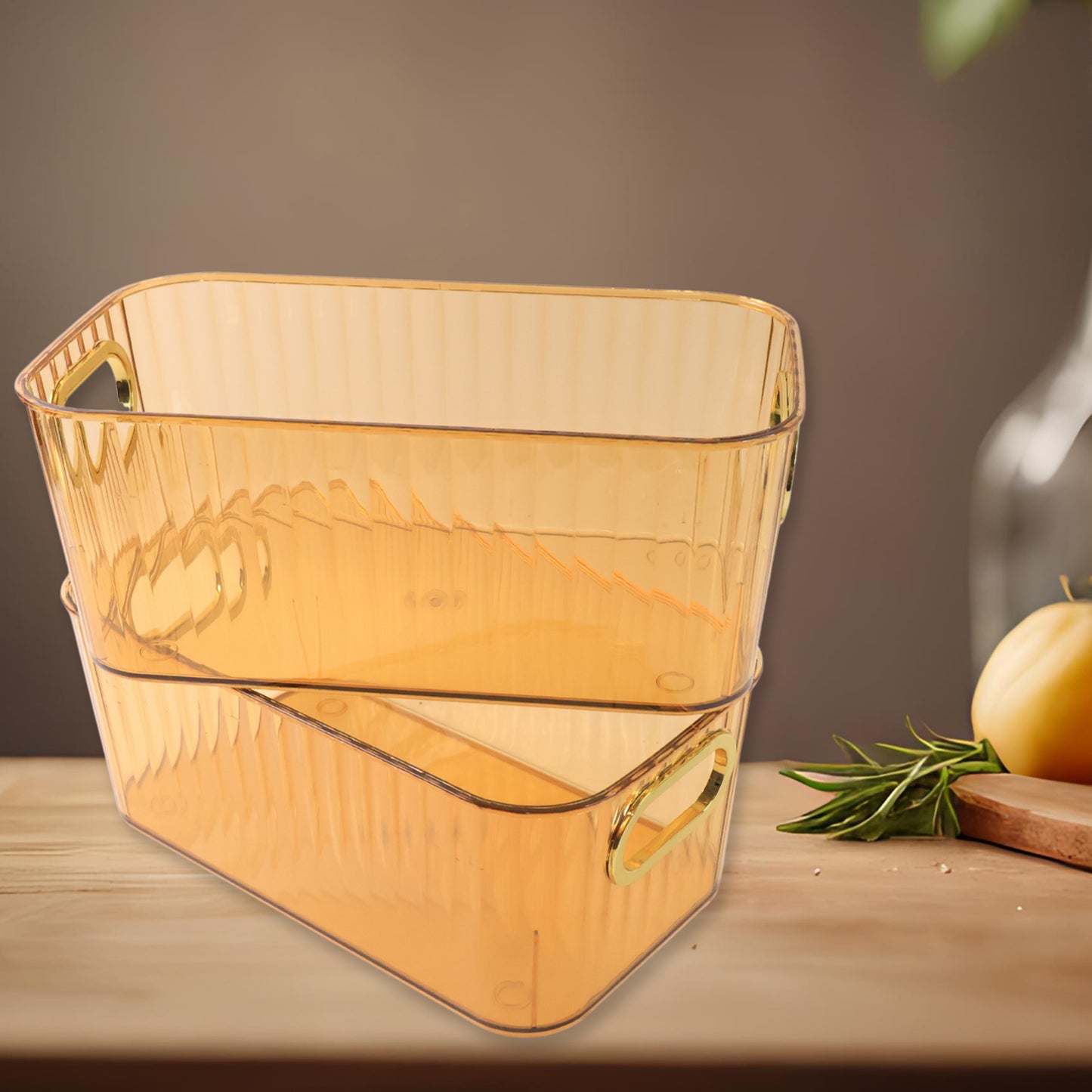 Premium Ribbed Transparent Storage Basket With Gold Handle Multipurpose Kitchen Amp Home Organizer Box (25x14cm 2 Pc)